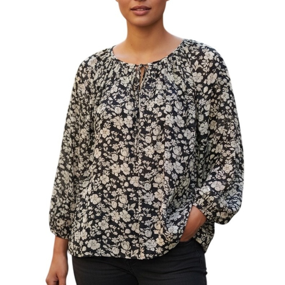 Chaps by Ralph Lauren‎ XL Top Floral Sheer Shell Lite Wg Black White Blouse